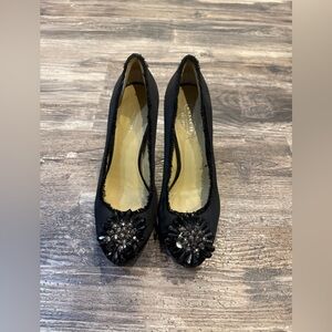 Coach Bergen Black Satin Covered Leather Embellished Fringed Pumps